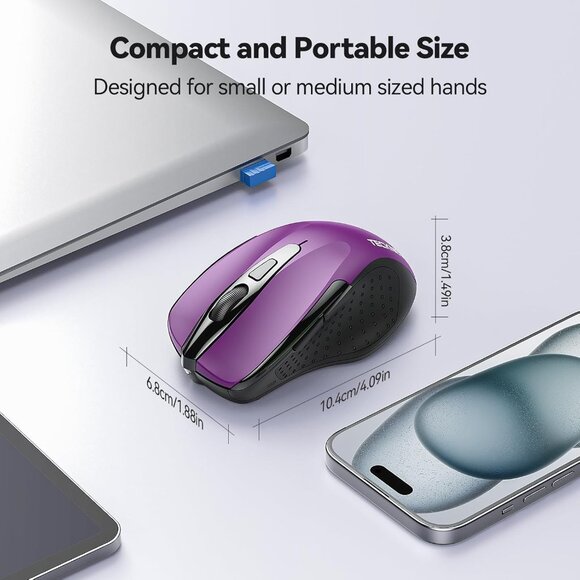 TECKNET Wireless Computer Mouse 2.4G Ergonomic Optical Purple 2600 DPI NIB - Picture 2 of 8
